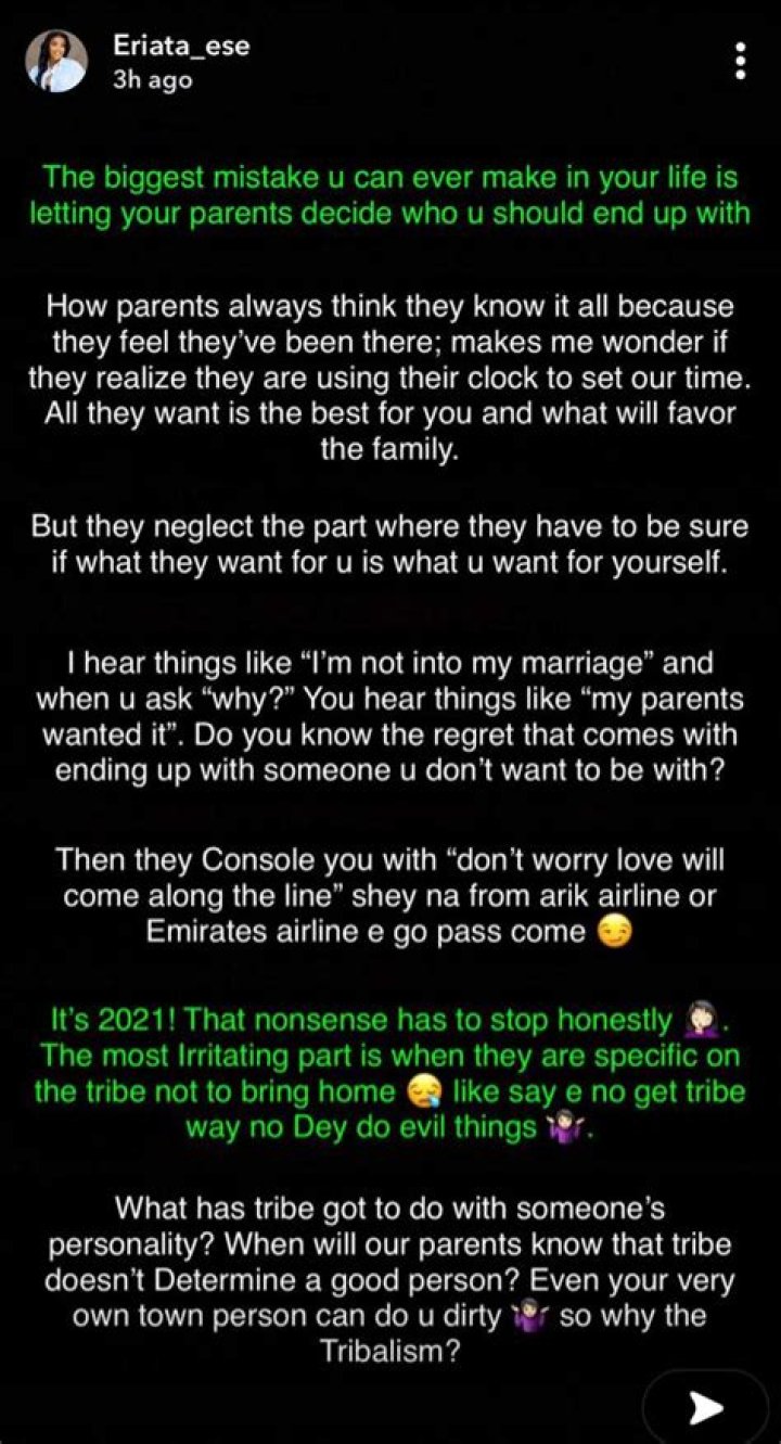
“Biggest Mistake You Can Ever Make Is Letting Your Parents Decide Who You Marry” — Eriata Ese 