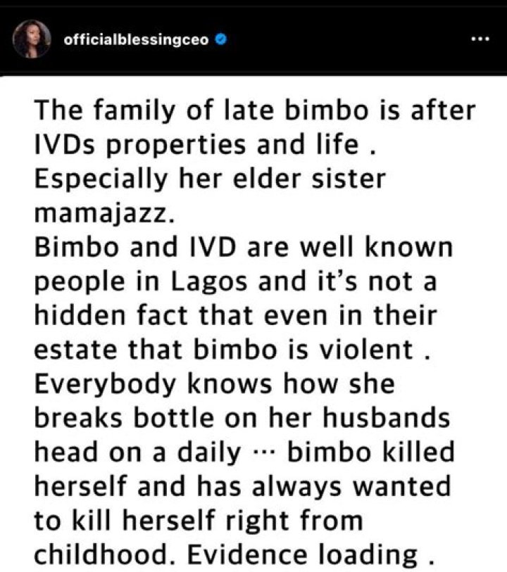 
“Bimbo’s Family Is Interested In IVD’s Property And Life.” Blessing CEO Makes A New Revelation And Shares Receipts 