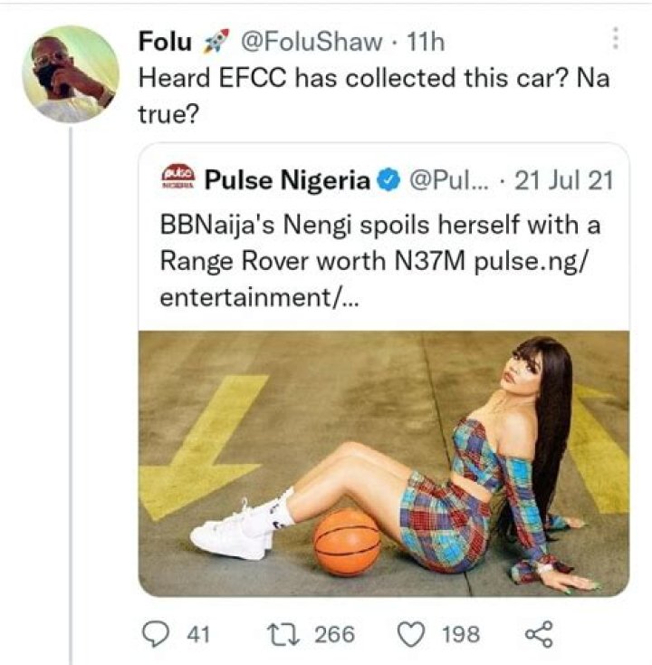 
EFCC Allegedly Confiscates Bbnaija’s Nengi’s Range Rover 