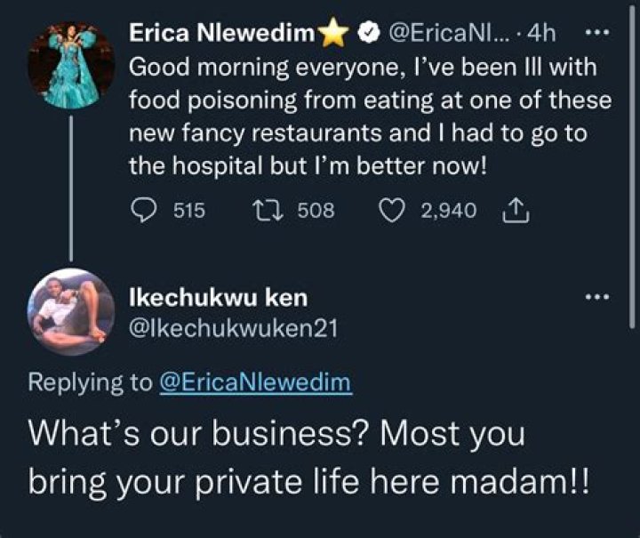 
Hospitalized Erica Nlewedim slams troll who ridiculed her health condition 