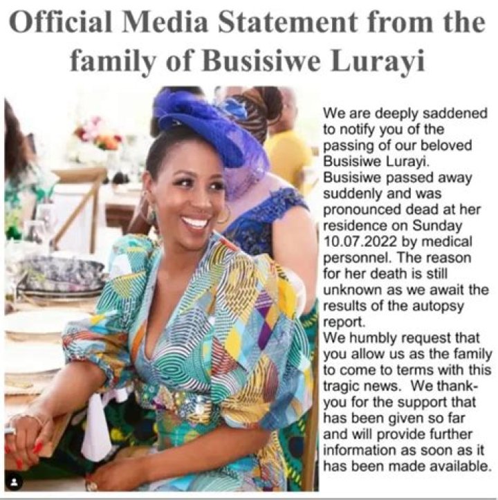 South African Actress Busisiwe Lurayi Passed Away At 36, Twitter Tributes And Family Details