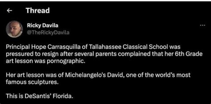 
Who is Hope Carrasquilla? Tallahassee school principal fired after parents brand Michelangelo’s David statue ‘pornographic’ 